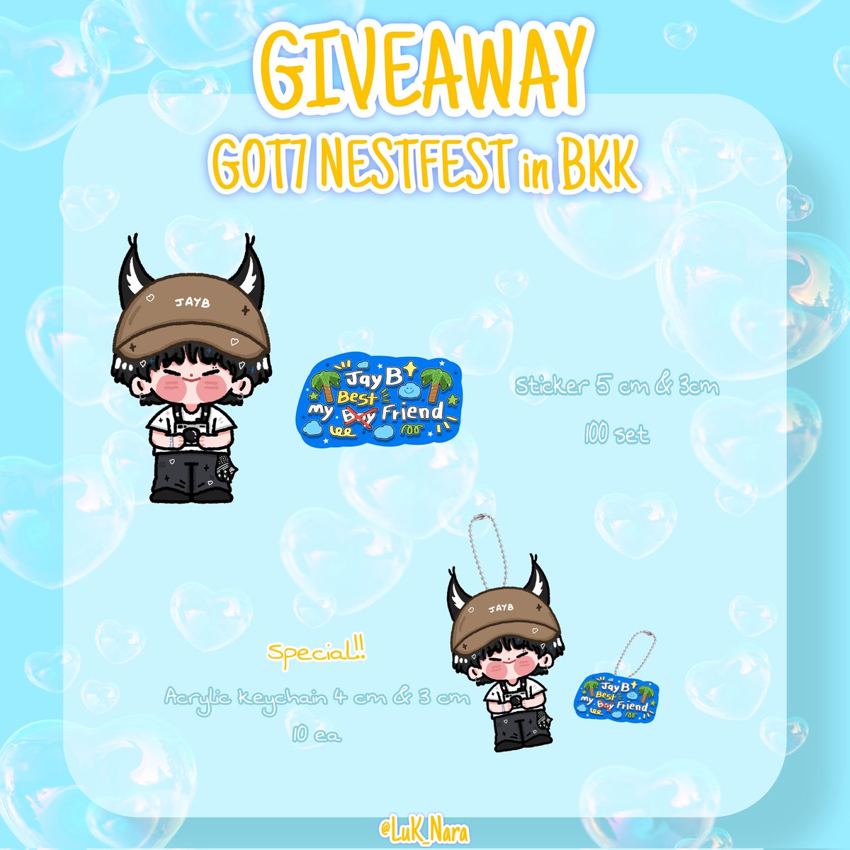 LuK_Nara's tweet photo. Plz RT

☆ 💿 ⋆ GiveAway ｡˚💥 𓂃𓈒𓏸 

— Sticker 5 cm &amp; 3 cm :100 set

✨️ พิเศษ 10 คนแรก ที่มีตั๋วคอน,เมนเจย์บี 🌴
— Acrylic keychain 4 cm or 3 cm : 10 ea (สุ่มให้นะคะ)

🗓️ᴅᴀᴛᴇ : 3 May 2024
⏰ ᴛɪᴍᴇ : TBA

 #GOT7_NESTFESTinBKK #GOT7_NESTFEST 
#GOT7inราชมัง #GOT7 https://t.co/5aEMdSZ04p