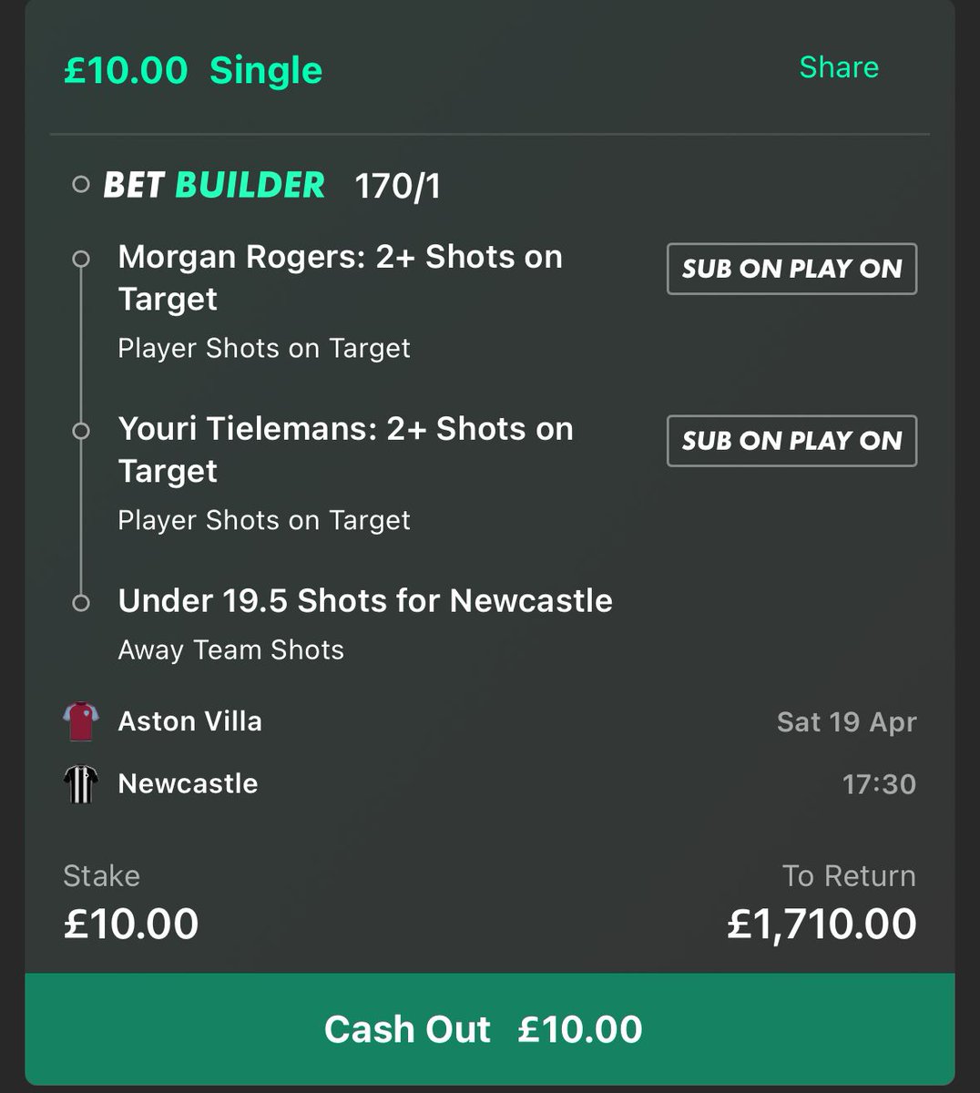 🚨11/1 &amp; 170/1 Bet Builder Singles🚨

Bet £10 to get £10 offer - Bet365

Aston Villa v Newcastle:

Youri Tielemans won us £415 on Tuesday. Backing him to have another SoT. 

Rogers has been on good form, had 3 shots but none on target v PSG, balance of the Universe says he shoots