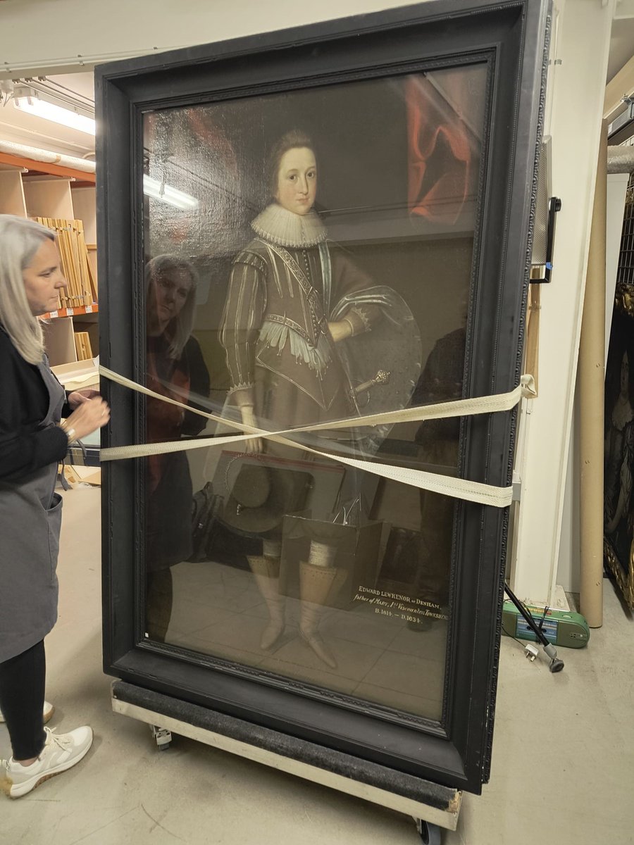 AncientHouseMus's tweet photo. On the final day of #Archive30 we ask #WhyArchives? Because they help us record and share new stories with our visitors! Here is Debbie from @ConserveNMS  assessing a portrait in our archives of Edward Lewkenor of Denham Hall, Suffolk for it's potential in an exhibition https://t.co/euG8lZtbJ4