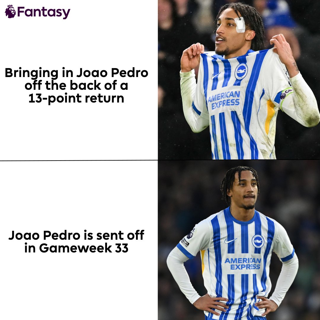 OfficialFPL's tweet photo. Not the best week for the #FPL managers with Joao Pedro in their side for Gameweek 33...

#BREBHA https://t.co/1QlEq9Iogo