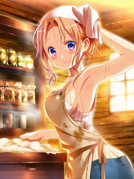 既に20歳を超えた娘が居る、推定40代半ばの子持ち女主人が汗だくになってパンの仕込みをする光景
(保登ちよこ:ごちうさ) 