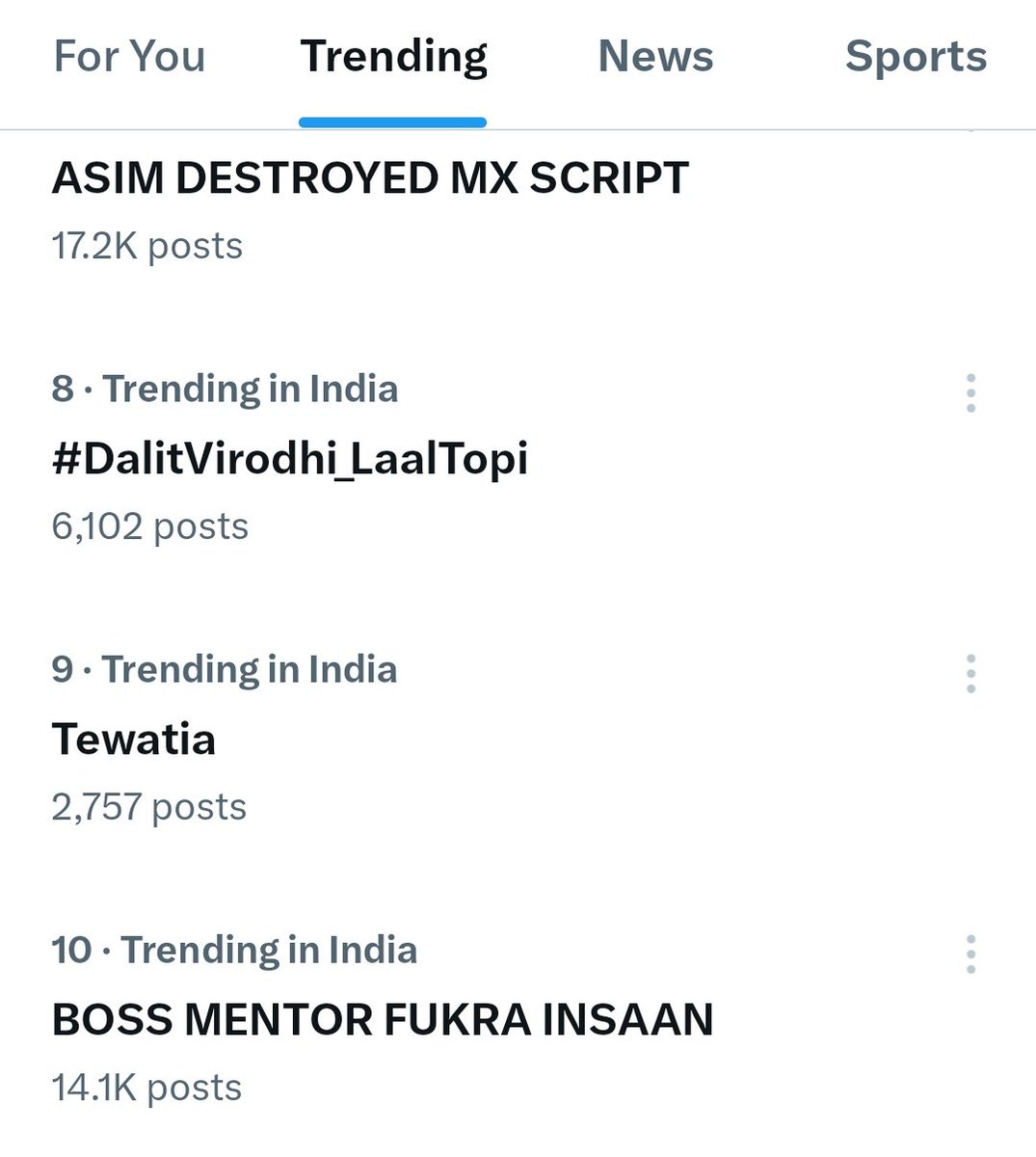 ASIM DESTROYED MX SCRIPT

Paid trends n organic trends diff is clear 

Imagine this is just 1/4th of #AsimRiaz fandom who is active on X n his fandom is of 2019 n  he is not active on SM

Btw paisa Jo negative trend mai diya woh  bhi positive trend Mai invest Karna tha Fukra ji