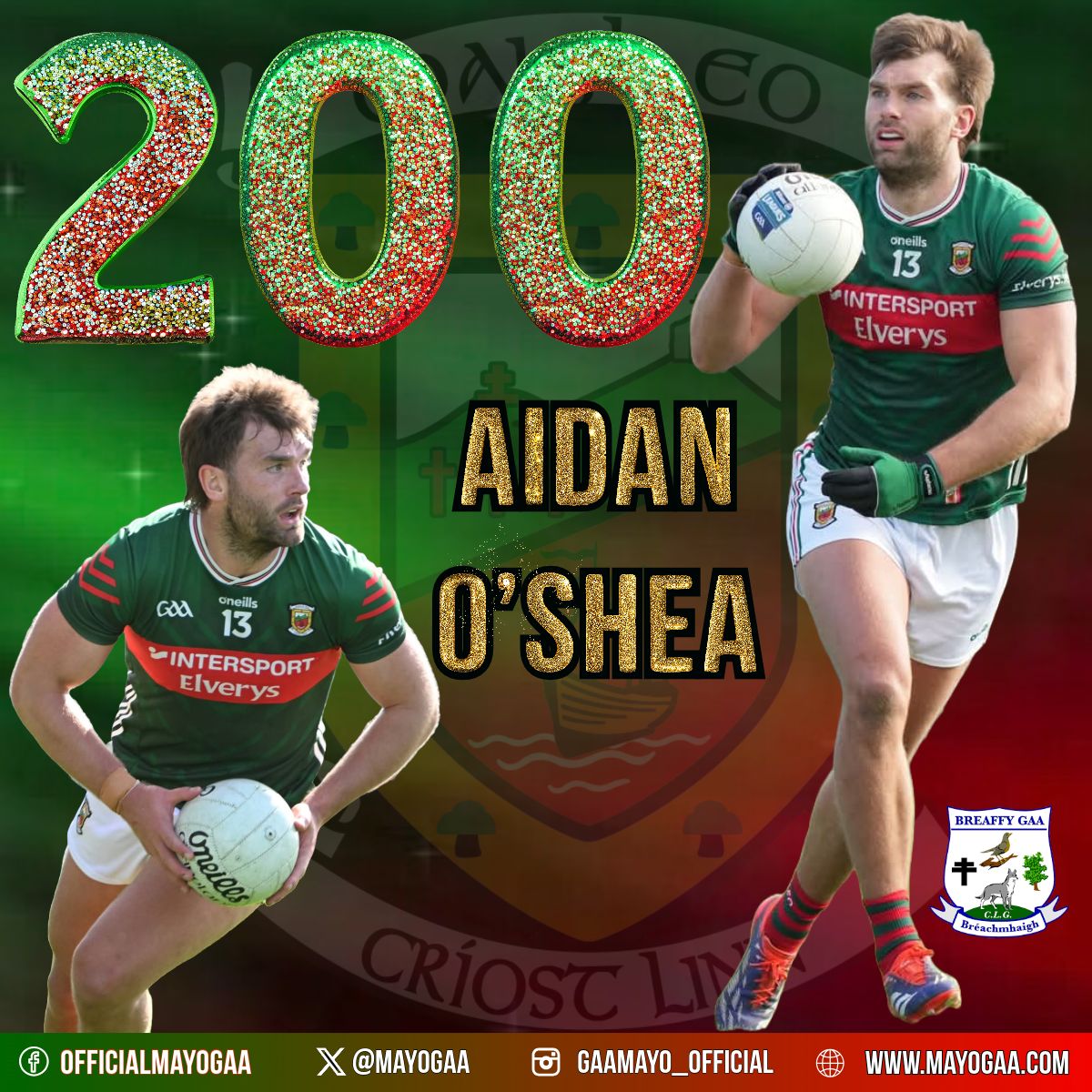 MayoGAA's tweet photo. He debuted in February 2009 and became a vital player in our campaigns. Today, he makes his 200th appearance in the Green and Red shirt. 

Another huge milestone to celebrate this afternoon Congratulations Aidan 💪 https://t.co/8B949y6EjL