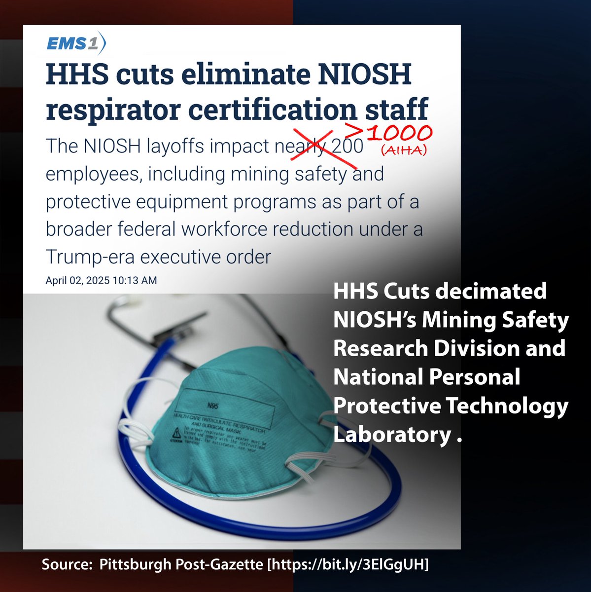 TogetherWeMask's tweet photo. HHS Cuts decimate NIOSH, incl. Mining Safety Research Division &amp; the National Personal Protective Technology Lab. https://t.co/utShjqHlje @PittsburghPG
Losing 20K skilled HHS workers + $40 billion in funds will have a devastating impact on America's health. #MaskTogetherAmerica https://t.co/Jeaeu32rNv