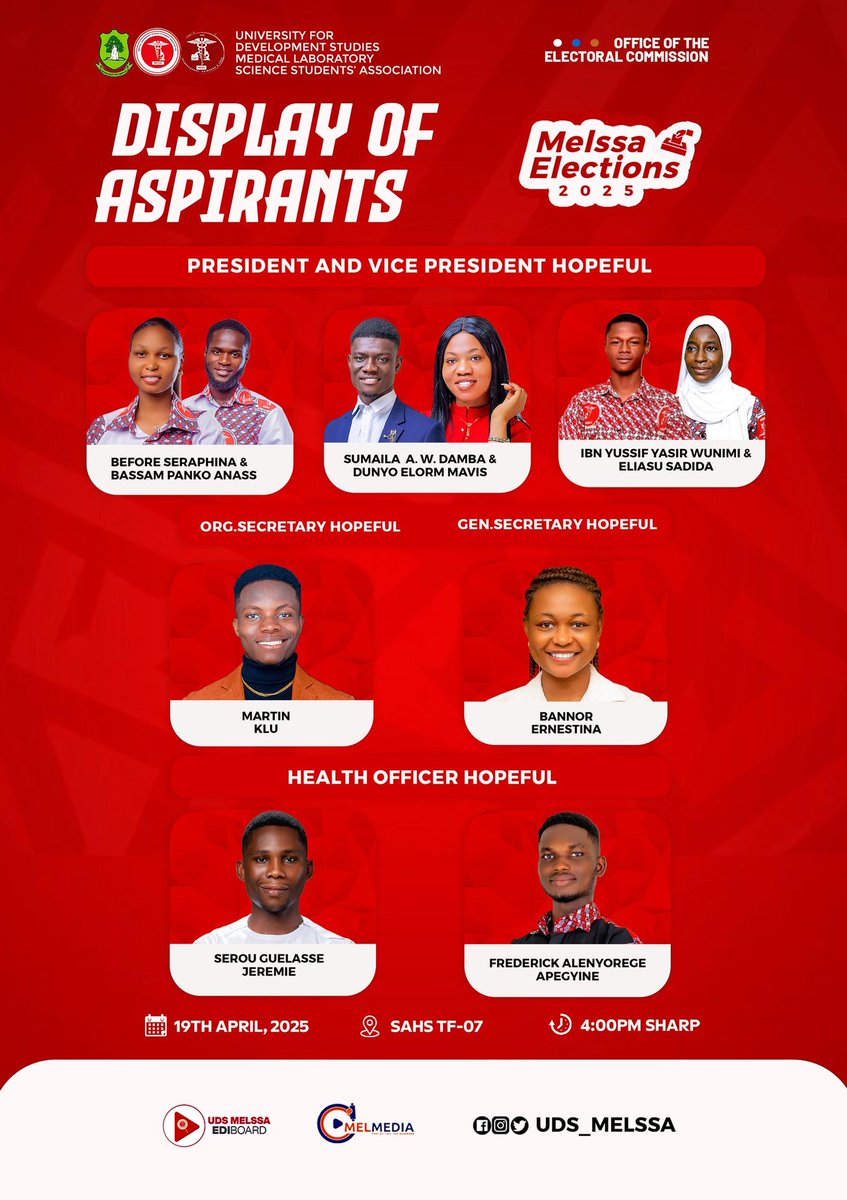 The Office of the Electoral Commission presents the official Display of Aspirants for Vetting

The race for leadership begins with transparency and purpose!
Date: 19th April, 2025
Time: 4:00PM Sharp
Venue: SAHS TF-07

Come witness the leaders of tomorrow!

#UDSMELSSA 
#VettingDay