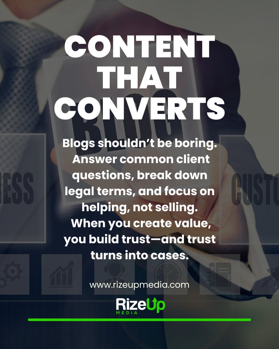 rizeupmedia's tweet photo. Engaging blogs convert! 🤝 Answer client questions, simplify legal jargon, and prioritize support over sales. Build trust for new cases! #ContentMarketing #LegalContent #LawFirmStrategy #RizeUpMedia #ValueBuilding #TrustInLegal https://t.co/NmgZEVuA1k