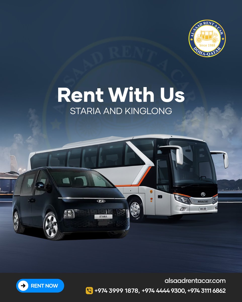 ALSAADRAC's tweet photo. At Al Saad Rent A Car, we’re proud to offer both the Hyundai Staria and King Long Van—ideal for staff transport, airport transfers, and site projects across Qatar. https://t.co/HT53FQ3EAU
