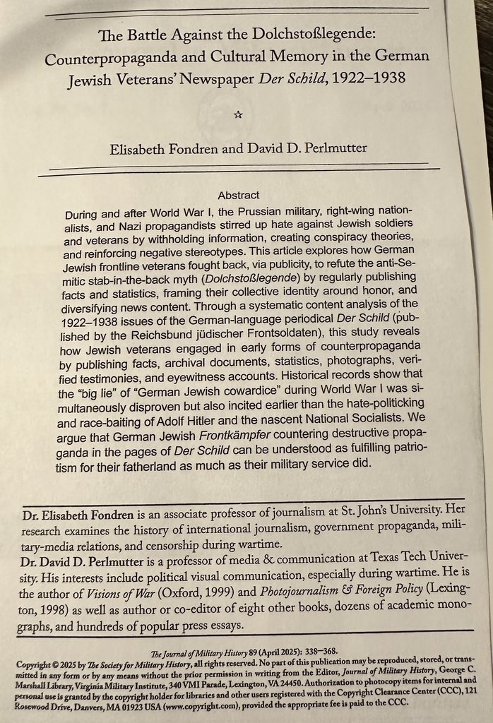 Ddperlmutter's tweet image. It was an honor to work with Dr. Elisabeth Fondren. You could say it was 100 years in the making, but it unlocks a life achievement goal of mine to publish in the JOURNAL OF MILITARY HISTORY on an important but almost forgotten topic. #Military #WW2 #ww1 #worldwar2 #Germany
