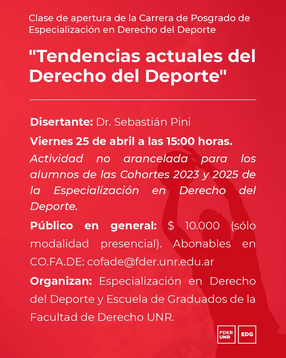 🔷️ El 25 de abril inicia una nueva cohorte de la carrera de posgrado de Especialización en Derecho del Deporte de <a href="/DerechoUNR/">DerechoUNR</a> 
🔷️ La clase inaugural estará a cargo del Dr. Sebastian Pini sobre "Tendencias actuales del Derecho del Deporte".