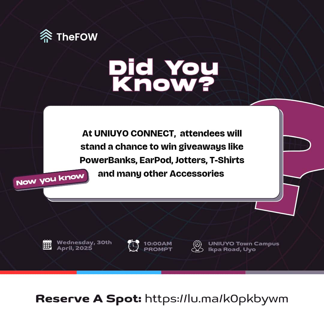 Convergence_24's tweet image. Did you know?

At UNIUYO CONNECT, attendees will stand a chance to win giveaways like PowerBanks, EarPod, Jotters, T-Shirts and many other Accessories. 

Now you know!

Reserve your seat: lu.ma/k0pkbywm

#Web3 #UNIUYOCONNECT #TheFOW