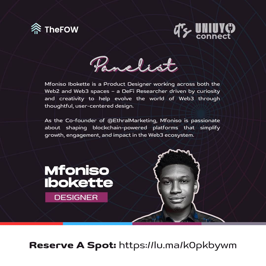 Convergence_24's tweet image. Revealing our panelist!

Mfoniso Ibokette will be joining the discussion at UNIUYO CONNECT this April.

Mfoniso is a product designer working across both Web2 and Web3 spaces.

Reserve your seat: lu.ma/k0pkbywm

#Web3 #UNIUYOCONNECT #TheFOW