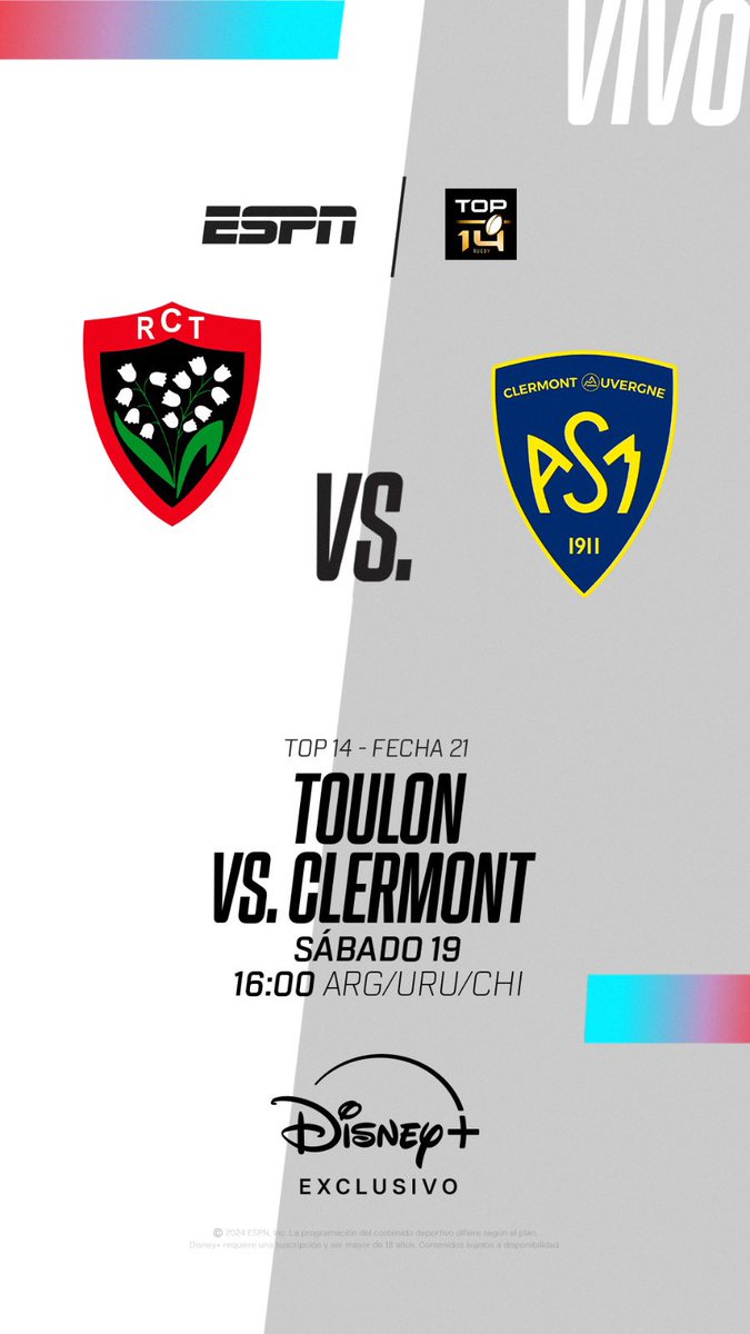 #Top14 |  Sábado 16:00 (ARG-URU) junto a <a href="/FacuQuiroga82/">Facundo Quiroga 🎙️</a>,  #Toulon vs #Clermont, por el <a href="/top14rugby/">TOP 14 Rugby</a> a través de #disneyplus! 
🎙️🏉