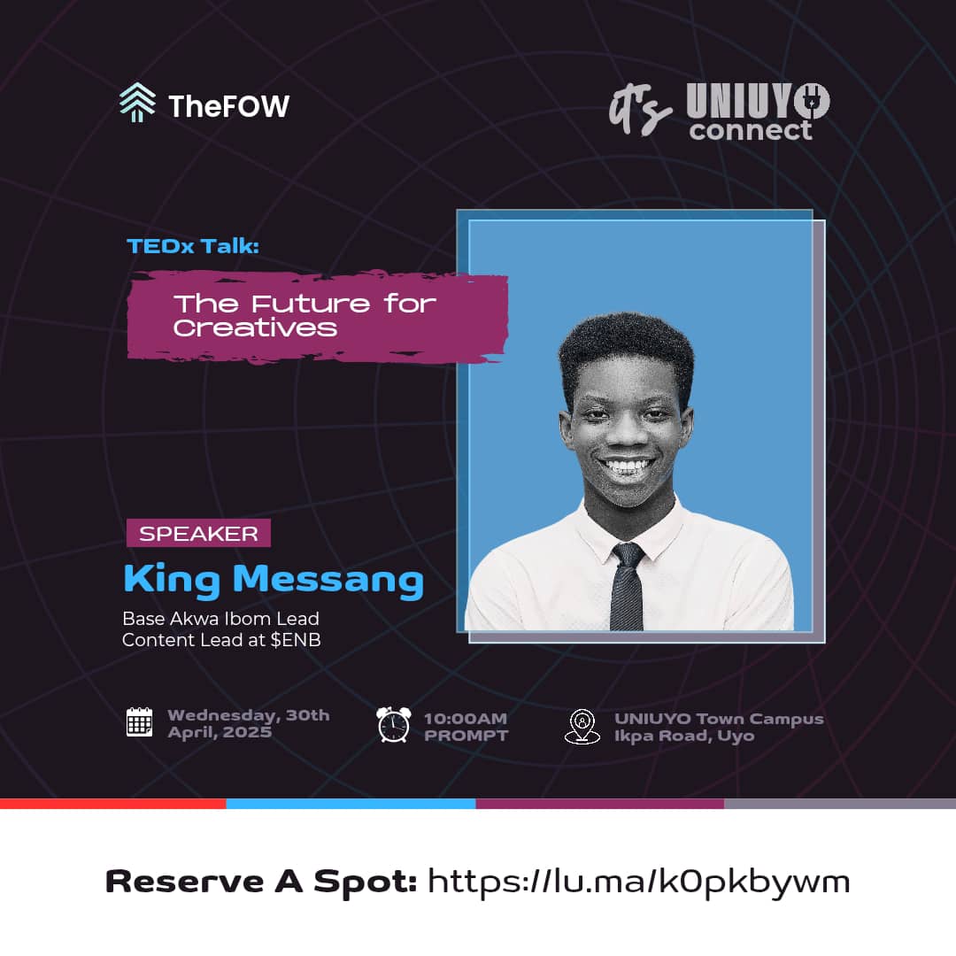 Convergence_24's tweet image. HEADS UP! 
@kingmessang_ will be joining the stage at #UNIUYOCONNECT, on the topic &quot;The Future for Creatives&quot; 

He is a Co-founder of a marketing agency, The Brand Scribe. Also, Base Akwa Ibom Lead and Content Lead at $ENB

Reserve your seat: lu.ma/k0pkbywm