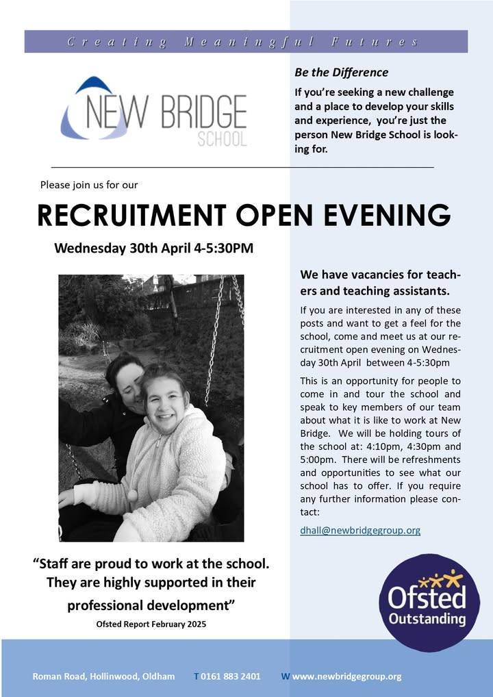 🌟 New Bridge School Recruitment Event! 🌟
📅 Date: Wed 30th April 2025
⏰ Time: 4PM – 5.30PM
📍 Location: Roman Road, Hollinwood

They're hiring for:
♦️Teachers
♦️Teaching Assistants

Don't miss it! 🚀

#GetOldhamWorking #CollaborativeWorking #NewBridgeSchool #OldhamJobs 👏
