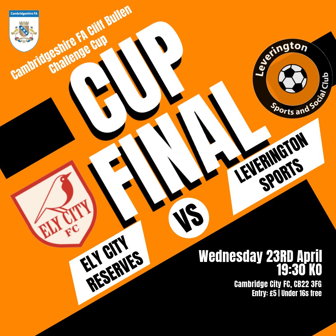 UP NEXT:

Quick turnaround as we look to Wednesday’s Cliff Bullen Challenge Cup Final!!

🆚 <a href="/elycityfcres/">Ely City FC Reserves</a> 
🏆 <a href="/CambsFA/">Cambridgeshire FA</a> 
🗓️ Wed 23rd Apr 
🕑 7:30 KO
📍 Cambridge City FC, CB22 3FG

#UpTheLevy
🧡🖤