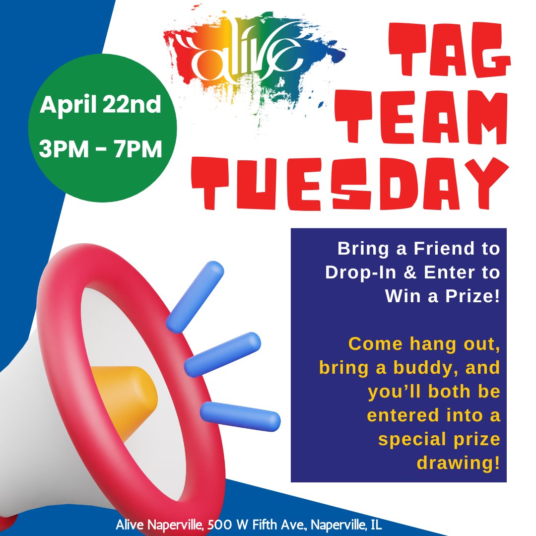 Aliveteencenter's tweet photo. 🎉 Tag-Team Tuesday @ Alive Naperville
📅 April 22 | 🕒 3–7 PM
Bring a friend to Drop-In &amp; you BOTH get entered to win a prize! 🎁👯‍♂️
Fun, vibes, and giveaways—don’t miss it!
#TagTeamTuesday #AliveNaperville #DropInFun https://t.co/3gBYV0MkVT