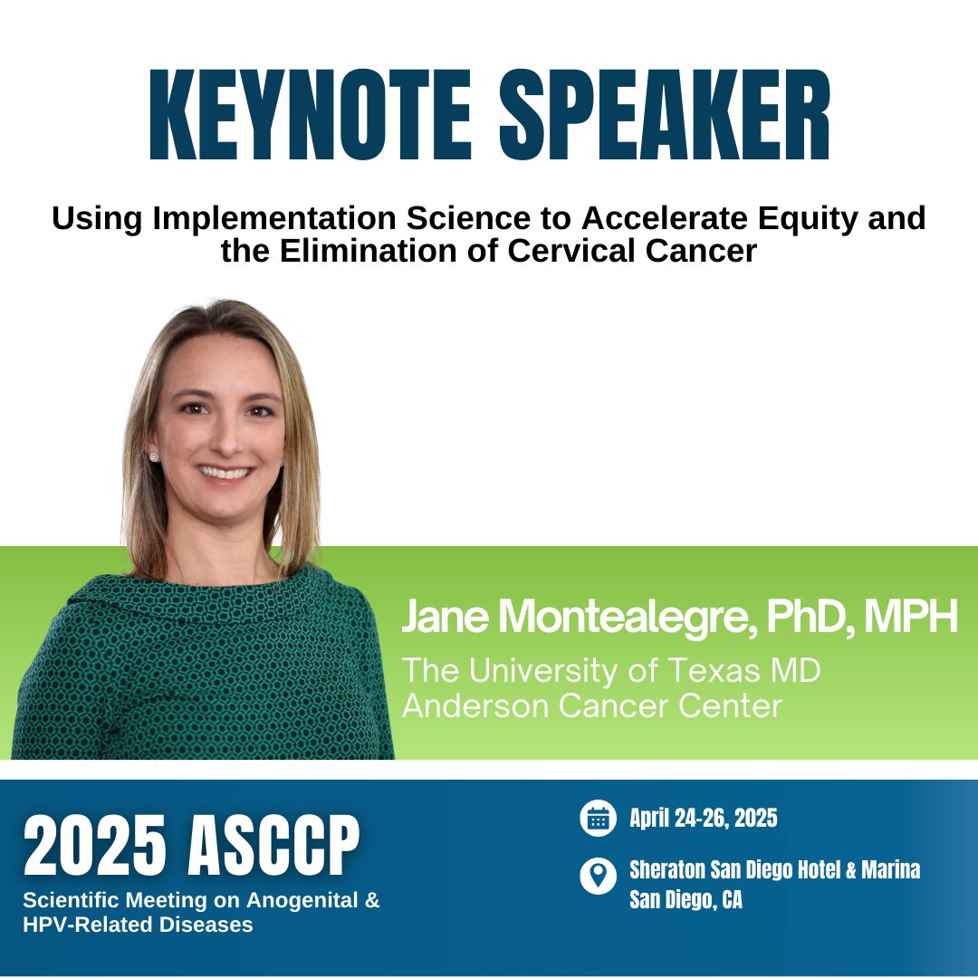 ASCCP (@asccp) on Twitter photo š£ Next week at #ASCCP2025: Donāt miss our keynote with Dr. Jane Montealegre of <a href="/MDAndersonNews/">MD Anderson Cancer Center</a>! Learn how implementation science is driving health equity and transforming cervical cancer prevention.
#CancerPrevention #HPV #HealthEquity #WomensHealth š£ Next week at #ASCCP2025: Donāt miss our keynote with Dr. Jane Montealegre of <a href="/MDAndersonNews/">MD Anderson Cancer Center</a>! Learn how implementation science is driving health equity and transforming cervical cancer prevention.
#CancerPrevention #HPV #HealthEquity #WomensHealth