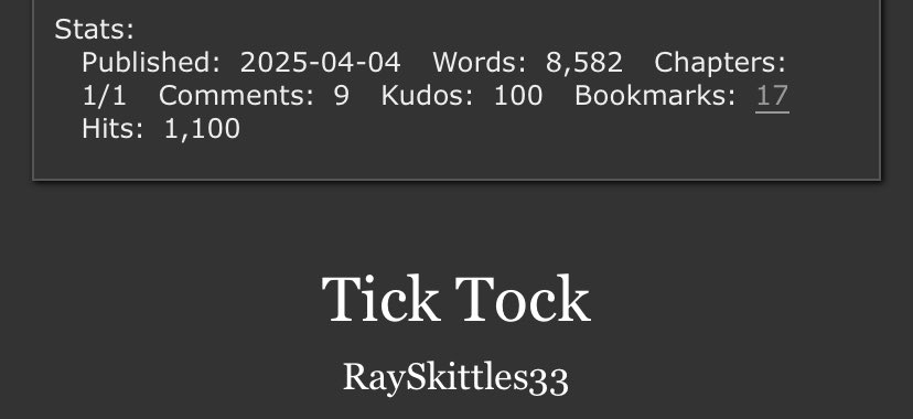 rayskittles33's tweet image. Reached my first 100 kudos!
This means so much to me!
I love being a part of such a loving fandom 🥰