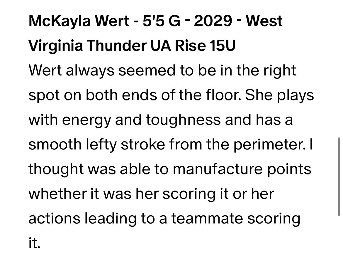 WEST VIRGINIA THUNDER 15U UA RISE (@wvthunder2029pa) on Twitter photo Thank you <a href="/AsherScouting/">Asher Scouting</a> for the write up on McKayla Wert! Crazy motor and unbelievable defender! 🏀 Thank you <a href="/AsherScouting/">Asher Scouting</a> for the write up on McKayla Wert! Crazy motor and unbelievable defender! 🏀