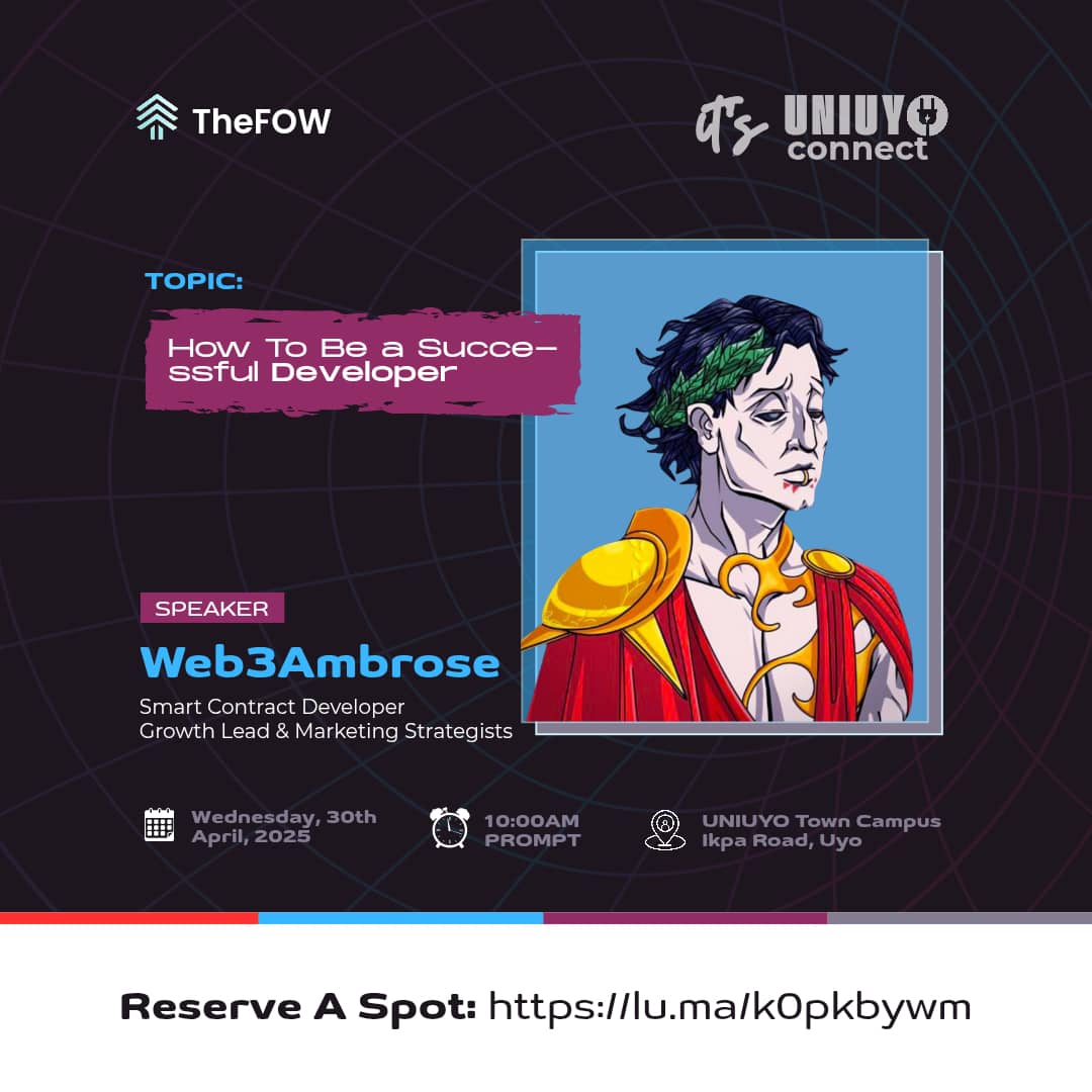 Convergence_24's tweet image. HEADS UP! 

 @Web3Ambrose will be joining the stage at #UNIUYOCONNECT, on the topic &quot;How To Be a Successful Developer&quot;

Ambrose is a 17yrs old Multi-Millionaire, Smart Contract Dev, Tech whiz and a Growth Lead &amp;amp; Marketing Specialist.

Reserve your seat: lu.ma/k0pkbywm