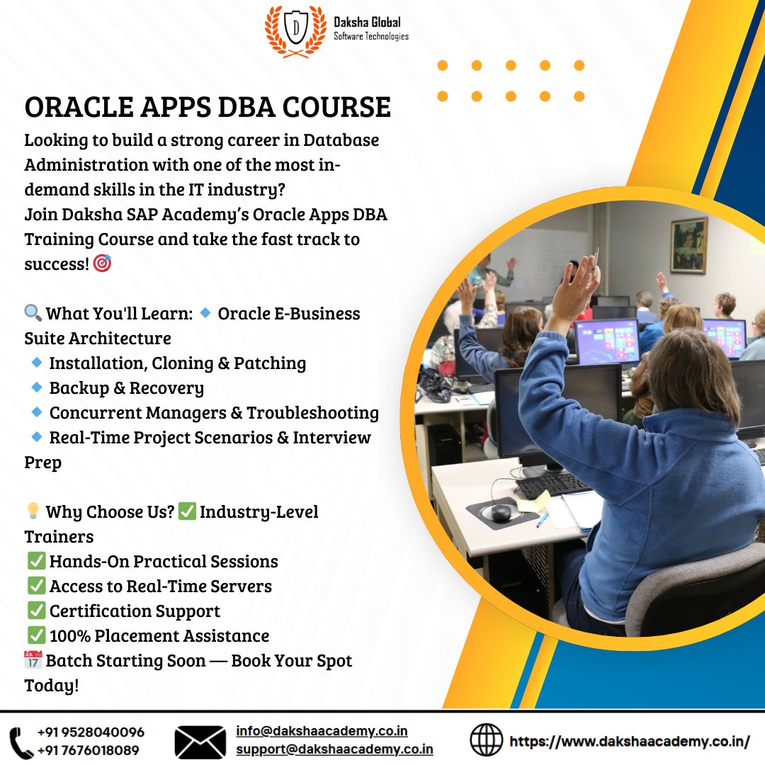 Daksha_Global's tweet image. 🛠️ Become an Oracle Apps DBA Expert!
🎓 Join the hands-on training at Daksha SAP Academy

📢 Use Code DGSW10 for 10% OFF on Enrollment!

#OracleAppsDBA #OracleTraining #DakshaSAPAcademy #ERPAdmin #EBSR12 #OracleDBA #CareerInERP #AppsDBATraining #FusionMiddleware #Database