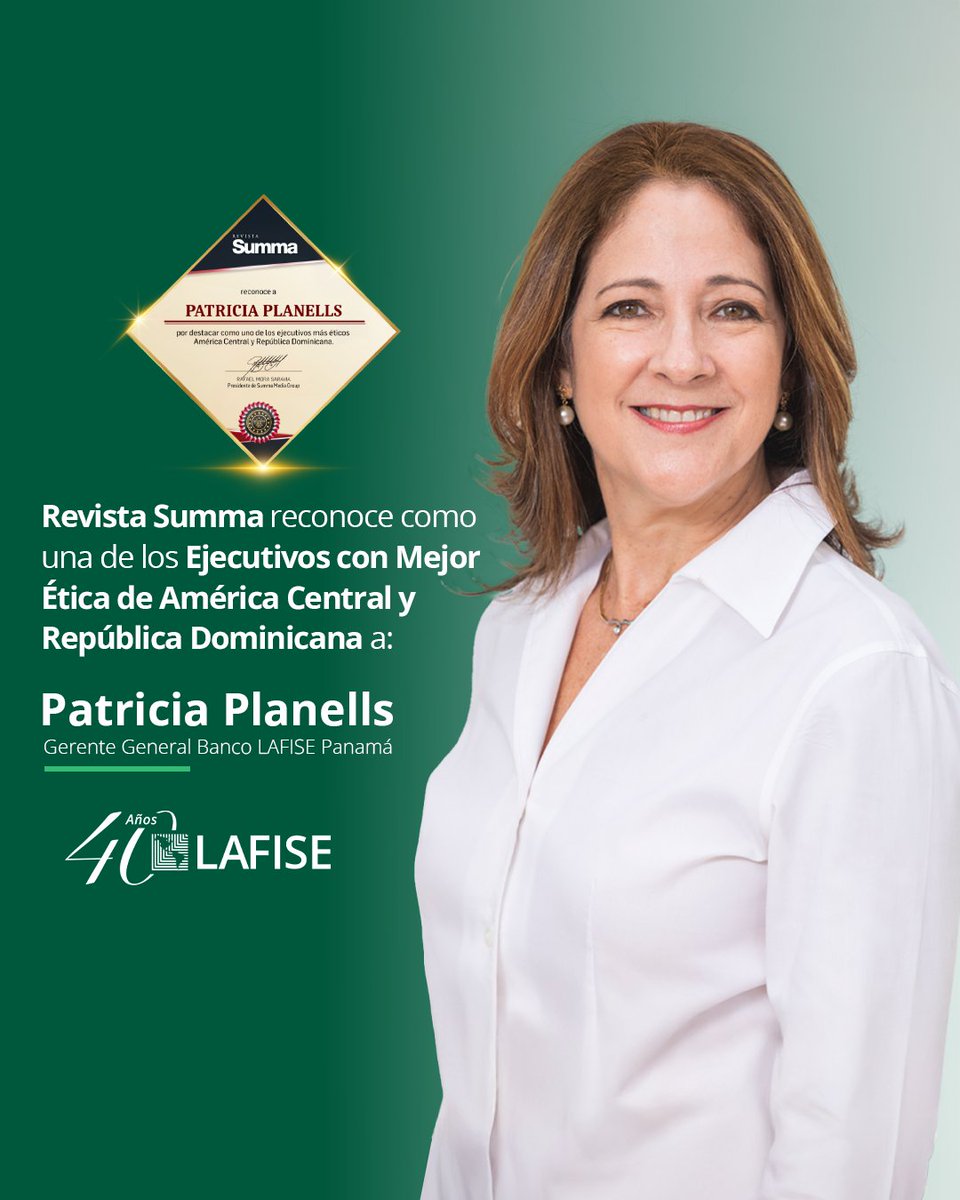 LAFISEPanama's tweet photo. ✨ Liderazgo femenino que inspira ✨
Desde Banco LAFISE Panamá celebramos el reconocimiento de Patricia Planells, nuestra Gerente General, quien ha sido distinguida como una de las lideres éticas por la revista SUMMA.  Su liderazgo humano impulsa el crecimiento sostenible de la banca en el país.

Su pasión por brindar soluciones financieras de valor nos motiva a seguir construyendo un futuro sólido para nuestros clientes. 👏🇵🇦

#OrgulloLAFISE #LiderazgoFemenino #LAFISEPanamá #MujeresQueInspiran #EjecutivosÉticos2025