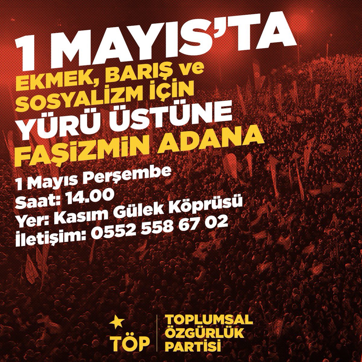 1 Mayıs’a sayılı günler kala tüm Adana halkına çağrımızdır:

Emeğin, özgürlüğün, barışın sesini yükseltmek için faşizmin üstüne yürüyor ve 1 Mayıs alanlarında buluşuyoruz. 

📍Kasım Gülek Köprüsü
⏱️14:00