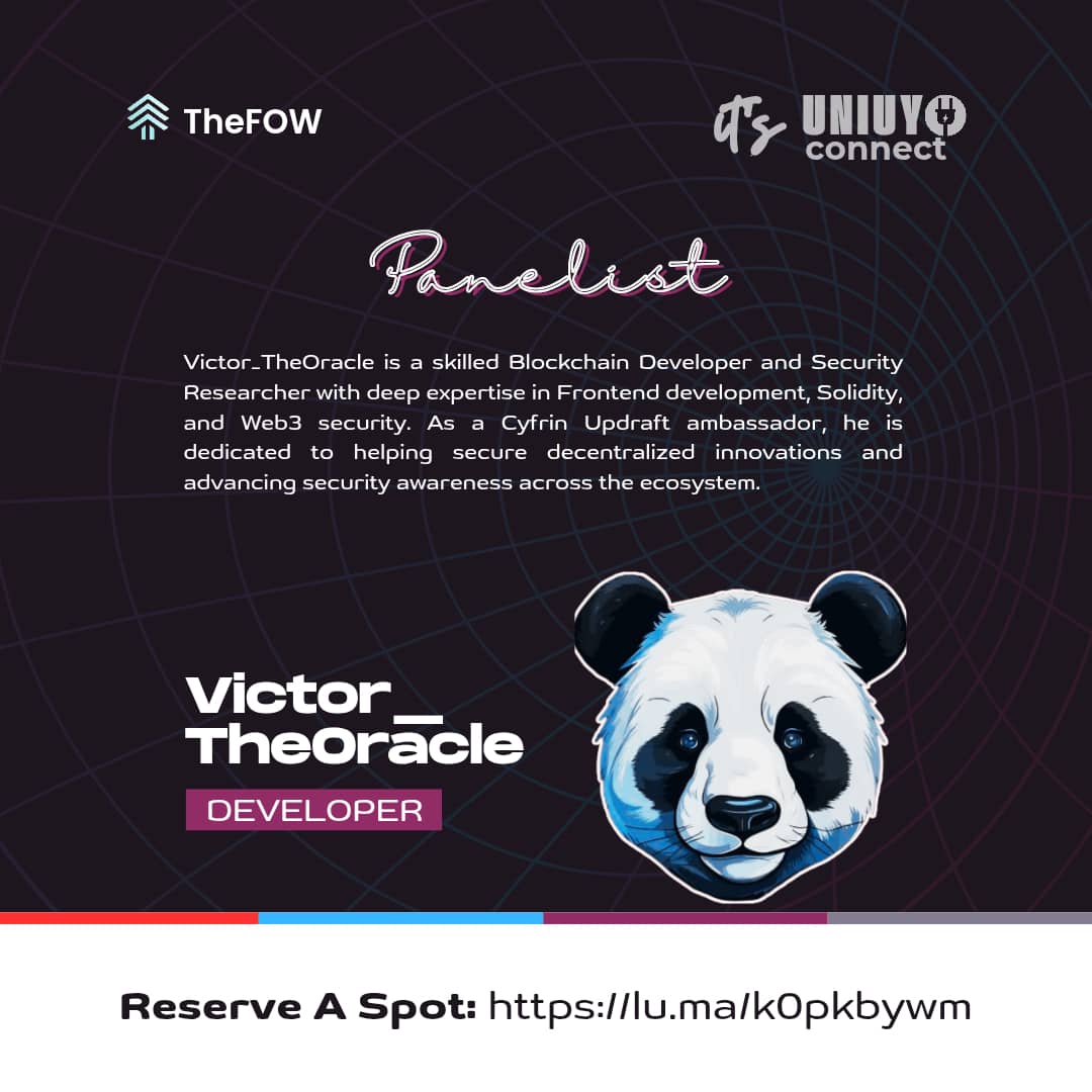Convergence_24's tweet image. Our panelist!

@Victor_TheOracle will be joining the discussion at UNIUYO CONNECT this April.

Victor is a skilled blockchain developer and security researcher with deep expertise in frontend development, Solidity, and web3 security. 

Reserve your seat: lu.ma/k0pkbywm