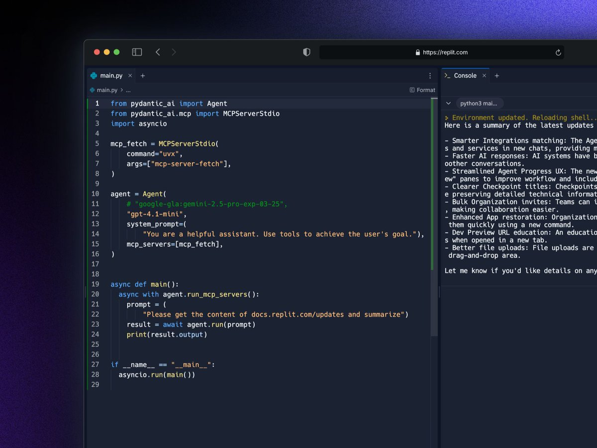 mattyp's tweet photo. Pydantic quietly dropped the most straightforward framework for building AI Agents.

This ~28 liner builds an agent that can fetch URLs with a "fetch" MCP server. https://t.co/enGmnuOZqE