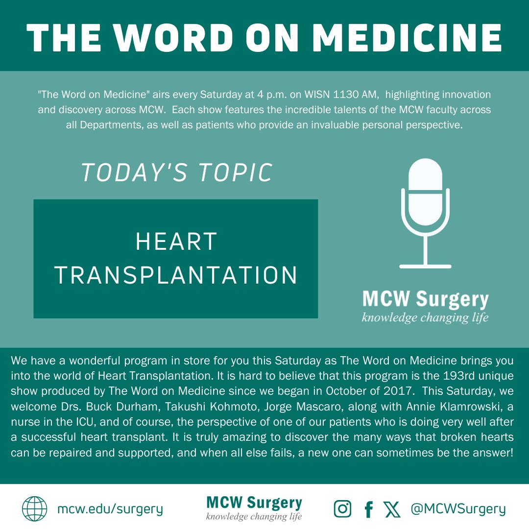 MCW Surgery (@mcwsurgery) on Twitter photo The #WordOnMedicine airs today at 4PM on <a href="/newstalk1130/">News/Talk 1130 WISN</a> & will discuss Heart Transplantation!
Listen live here: t.ly/UPWW
All #WOM Episodes: t.ly/bsKQ
<a href="/MedicalCollege/">Medical College of Wisconsin</a> #LeadingTheWay The #WordOnMedicine airs today at 4PM on <a href="/newstalk1130/">News/Talk 1130 WISN</a> & will discuss Heart Transplantation!
Listen live here: t.ly/UPWW
All #WOM Episodes: t.ly/bsKQ
<a href="/MedicalCollege/">Medical College of Wisconsin</a> #LeadingTheWay