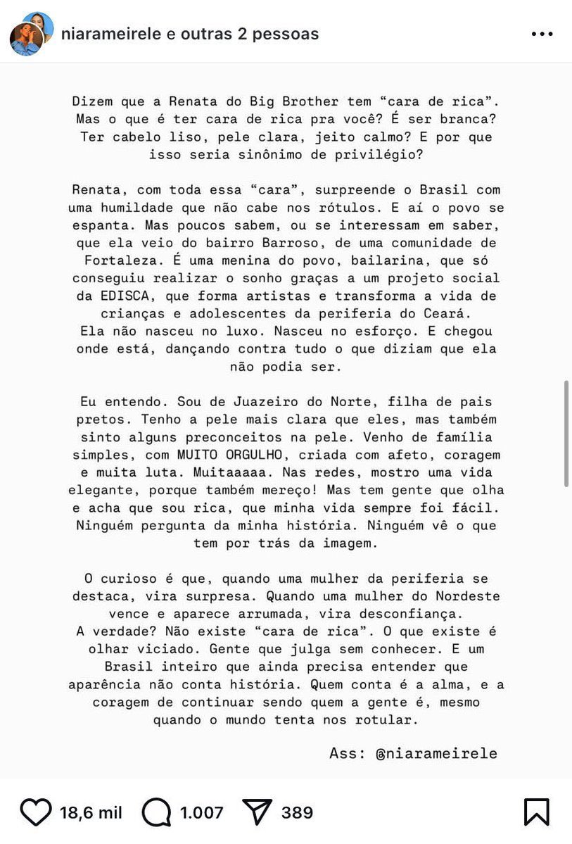 dridicarvalho's tweet image. E eu me segurando pra não fazer vídeo sobre essa nota PAVOROSA, publicada em collab pelo perfil oficial da Renata. Que absurdo… #bbb25