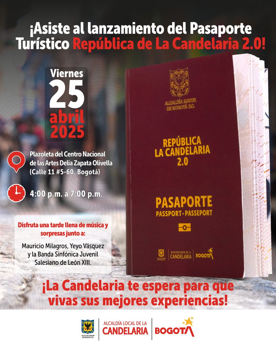 Alcandelaria_'s tweet photo. Este viernes, 25 de abril, te esperamos en el lanzamiento del Pasaporte Turístico
#RepúblicaDeLaCandelaria 2.0. 

📍Plazoleta del @eneldelia 
⏰ De 4:00 p.m. a 7:00 p.m.

¡La Candelaria te espera para que vivas sus mejores experiencias en 100 comercios del corazón de #Bogotá. https://t.co/SGfCscBPO4