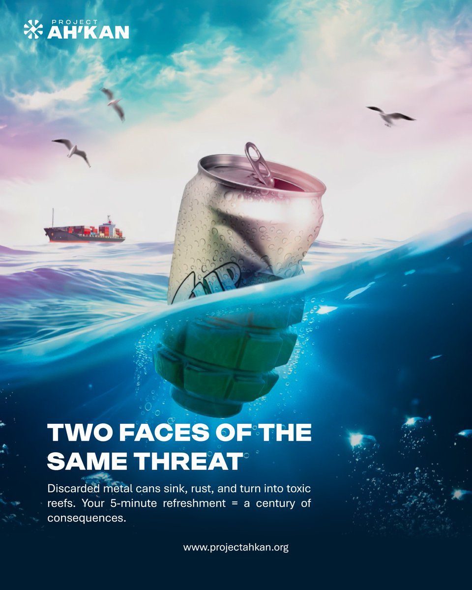ProjectAhkan's tweet photo. What we see as a harmless drink can, the ocean transforms into a toxic waste—sinking, rusting, and poisoning marine life for a century.
#toxicwaste #beresponsible #seaofpoison #ThinkBeforeYouAct #saveouroceans #projectahkan https://t.co/Gef0DFGcQ5