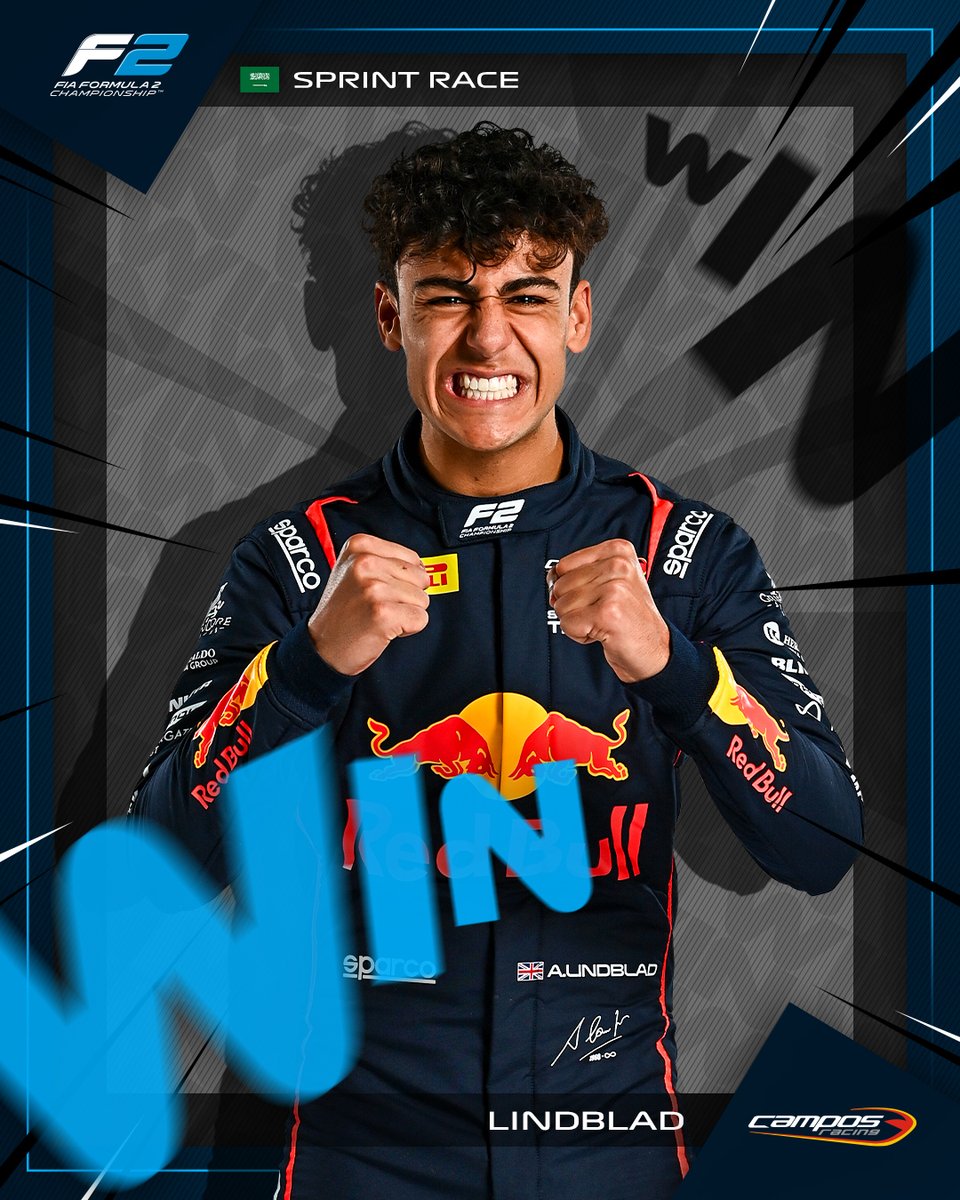 Formula2's tweet photo. ARVID LINDBLAD TAKES VICTORY IN THE SPRINT 🎉🎉🎉

He becomes the youngest EVER #F2 WINNER 🙌

#SaudiArabianGP https://t.co/ab3nT7zFQc