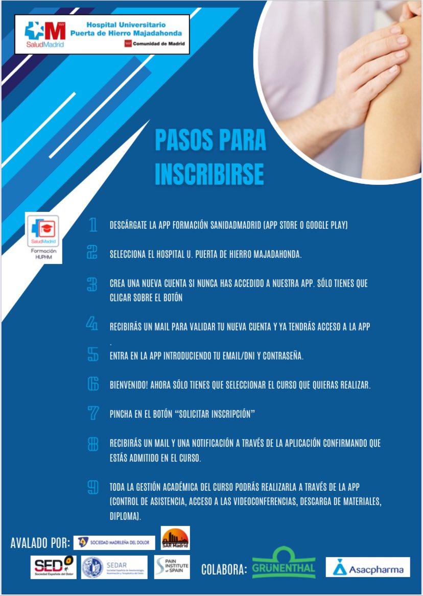 ⚠️ Aforo completo para 24/04👉 “Jornada E.F/US en patología osteomuscular y pélvica en dolor” <a href="/HospitalPdH/">Puerta de Hierro</a> , acreditada y avalada por <a href="/sedar_es/">SEDAR</a> <a href="/Sedolor/">Sociedad Española del Dolor</a> <a href="/pios_institute/">Pain Institute of Spain</a> <a href="/SocMadDolor/">Soc Madrileña Dolor</a> 
<a href="/SARMadrid/">SAR Madrid</a> y con colaboración de @asacpharma y <a href="/grunenthalgroup/">Grünenthal</a> ‼️YA SOLO POSIBLE INSCRIP. ONLINE