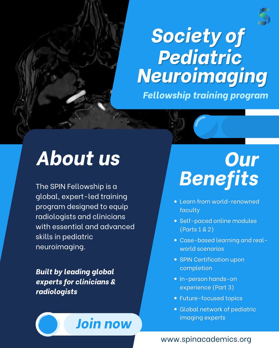 🧠 Ready to level up in pediatric neuroimaging?

The SPIN Fellowship offers expert-led training, real-world case studies, and hands-on experience.

- Global faculty
- Self-paced learning
- Practical skills

Learn more 👉 spinacademics.org
#SPINFellowship