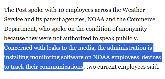 oneforeachofyou's tweet photo. The Trump administration is installing spyware on NOAA employees' devices to detect leaks to the media. https://t.co/AHcnEILvsf