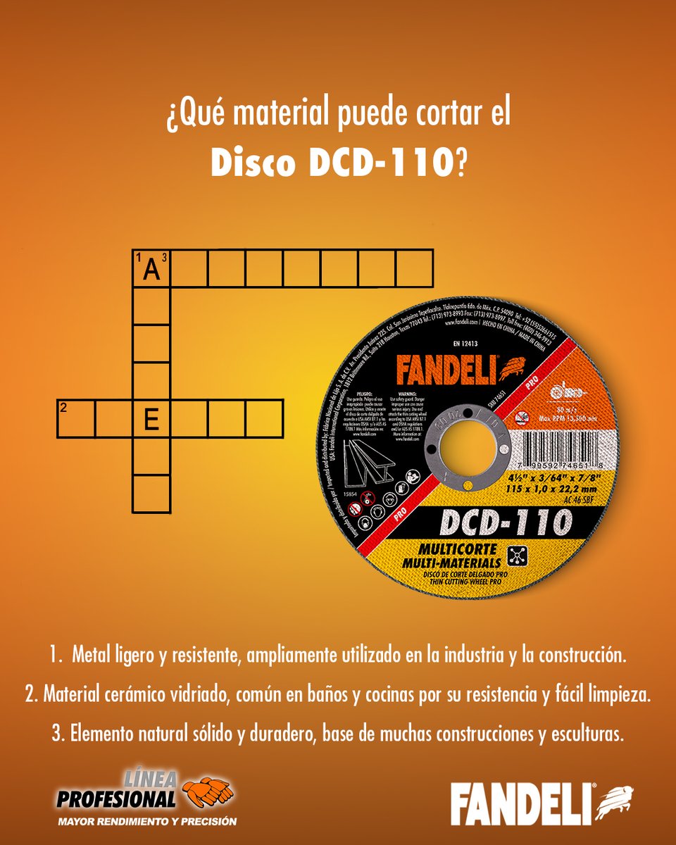 FandeliMexico's tweet photo. Te retamos a resolver nuestro crucigrama sobre el Disco de Corte Delgado DCD-110. 🔥 
¿Listo para el desafío? Déjanos tus respuestas en los comentarios. 👇 https://t.co/rIrgPqxCle