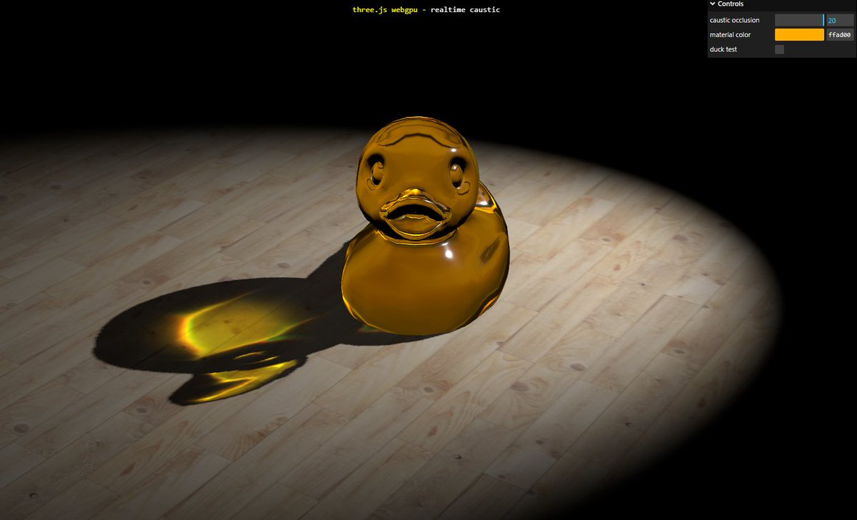 I created an approach for caustic effects using the same shadow-map pass, without affecting the functionality of the current shadow map. Which seems to have a good performance.

Example
raw.githack.com/sunag/three.js…

PR
github.com/mrdoob/three.j…

#webgpu #tsl #threejs