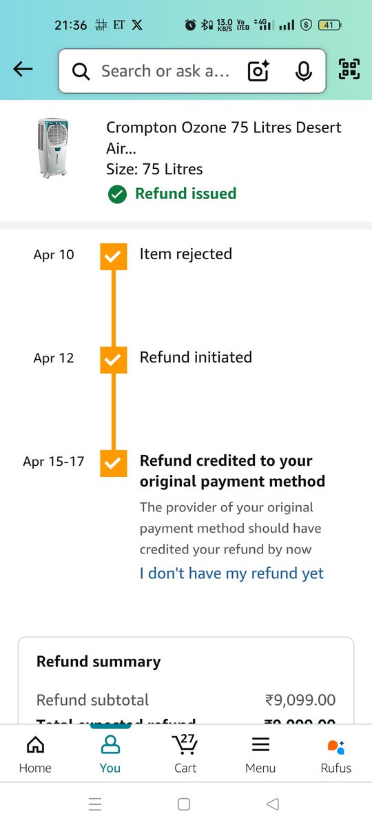 ravisuman003's tweet photo. @AmazonHelp @amazonIN @JeffBezos @jagograhakjago You consider this is personal but don't take any action against such lier Delivery partner Delivery. 2 March I had ordered one cooler and do the same thing and finally cancelled by the Delivery.
I didn't rejected my order but this nonsense thing done by Amazon and your Delivery. https://t.co/eUvdirIYNt