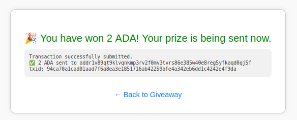 GrahamsNoPlus1's tweet photo. 🎉 Faucet odds set to 1 in 1 (100% win) 🎉

For the next 2 hours we have changed our odds to 1 in 1 for all legit entries to our faucet - that means every ADA address submitted will get at least 2 ADA unless the faucet runs dry

- FREE entry to everyone
https://t.co/9XenlG69bU
#CardanoCommunity #giveaway