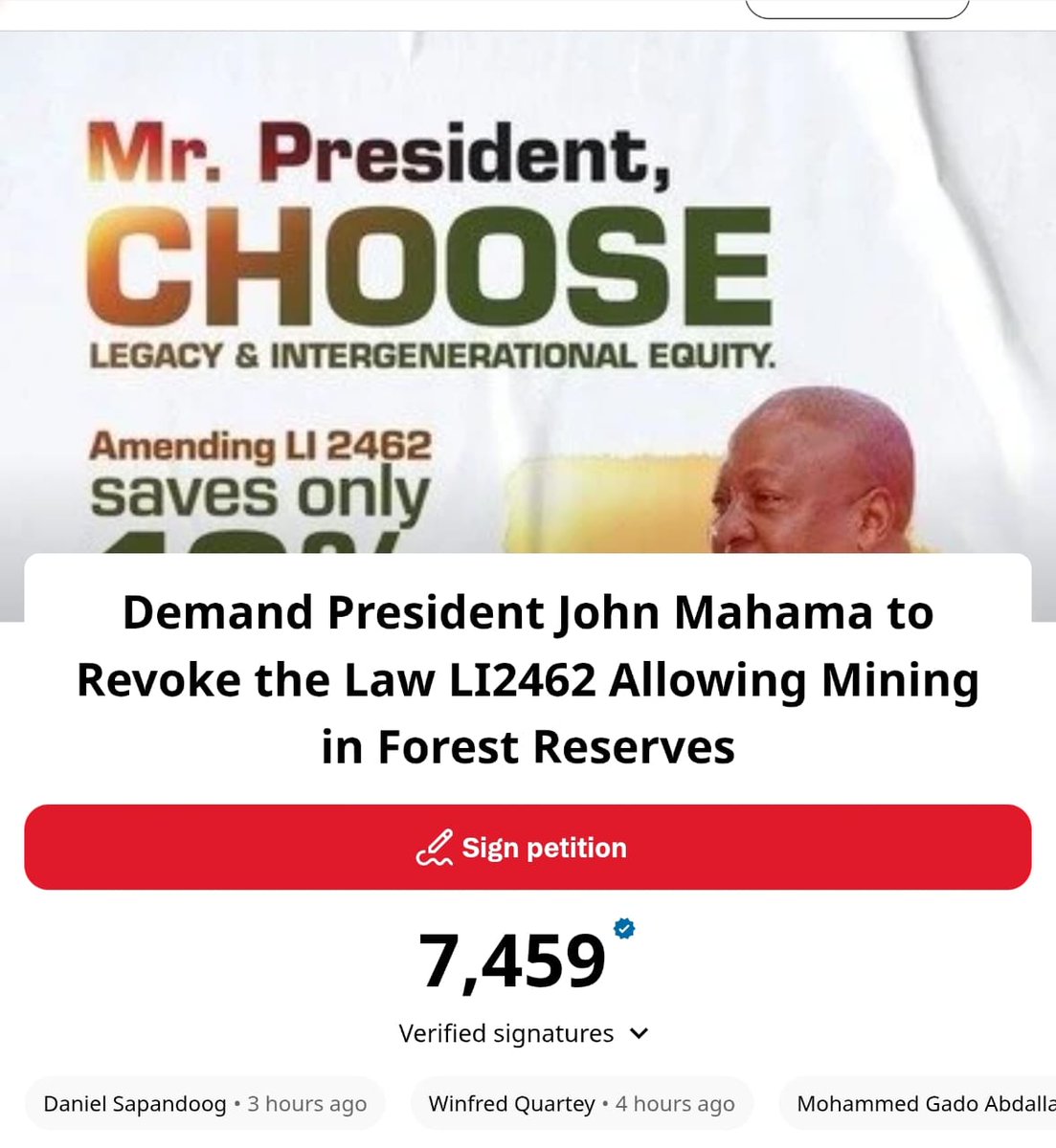 We are stagnating. If you have signed, get 5 more people to sign. If you have not signed, click chng.it/Pzg4XX2PXV  &amp; get 5 others to sign, too. We should get the President to hear all of us.

##RevokeAndNotAmend 
#RepealLI2462 
#StopGalamseyNow