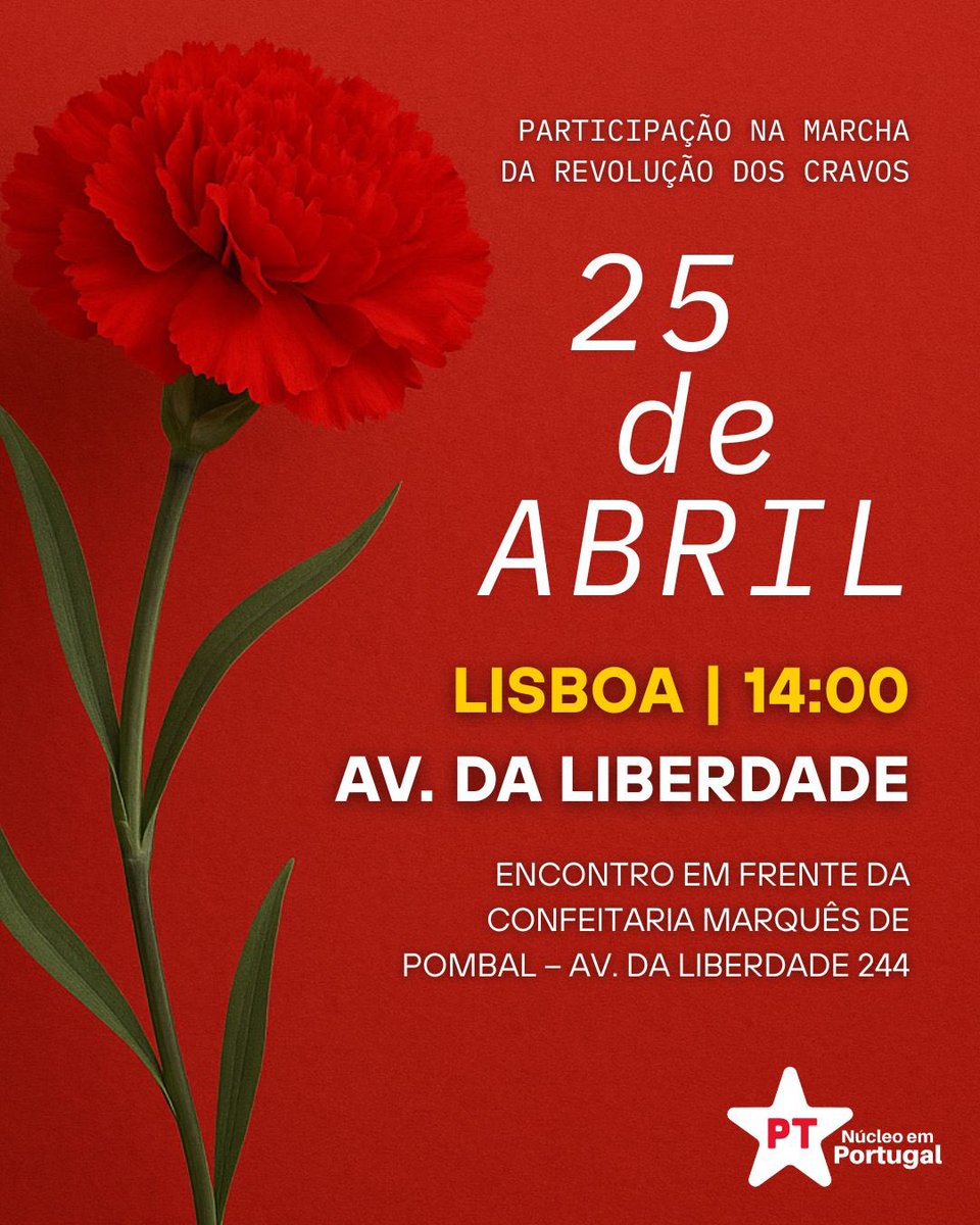 No 25 de abril, traga sua camiseta vermelha mais bonita e venha com a gente participar na Marcha da Revolução dos Cravos em Lisboa!

🗓️ 25 de abril (sexta-feira)
⏰ 14h00

📍 Frente à Confeitaria Marquês de Pombal — Av. da Liberdade 244, Lisboa