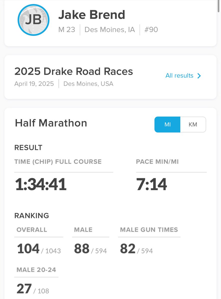 JakeBrendTV's tweet photo. First half marathon ✅

What a fun morning to kick off the 2025 Drake Relays! https://t.co/ASTkL7Tfhc