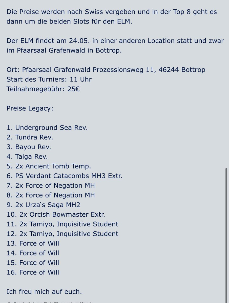 The time has come. The ELM Qualifier in Bottrop is coming up. May 24th - Limited to 128 players - Great prizes - Great community - Let's celebrate the 10th anniversary in style.