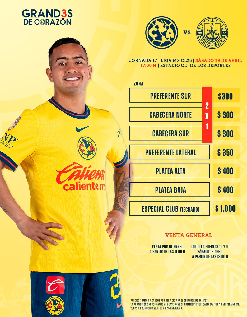 ClubAmerica's tweet photo. ¡Nos vemos en unas horas! 🦅🫶

⚔️ J17 | América vs. Mazatlán
🎟️ Venta en línea: https://t.co/7JgzutKCqG
🔥 ¡PROMO! 2x1 en zonas específicas.
🏟️ Taquilla puertas 10 y 15 a partir de las 12:00 horas.

Vamos juntos a la última jornada del torneo. 💙💛 https://t.co/fucbqLwSpE