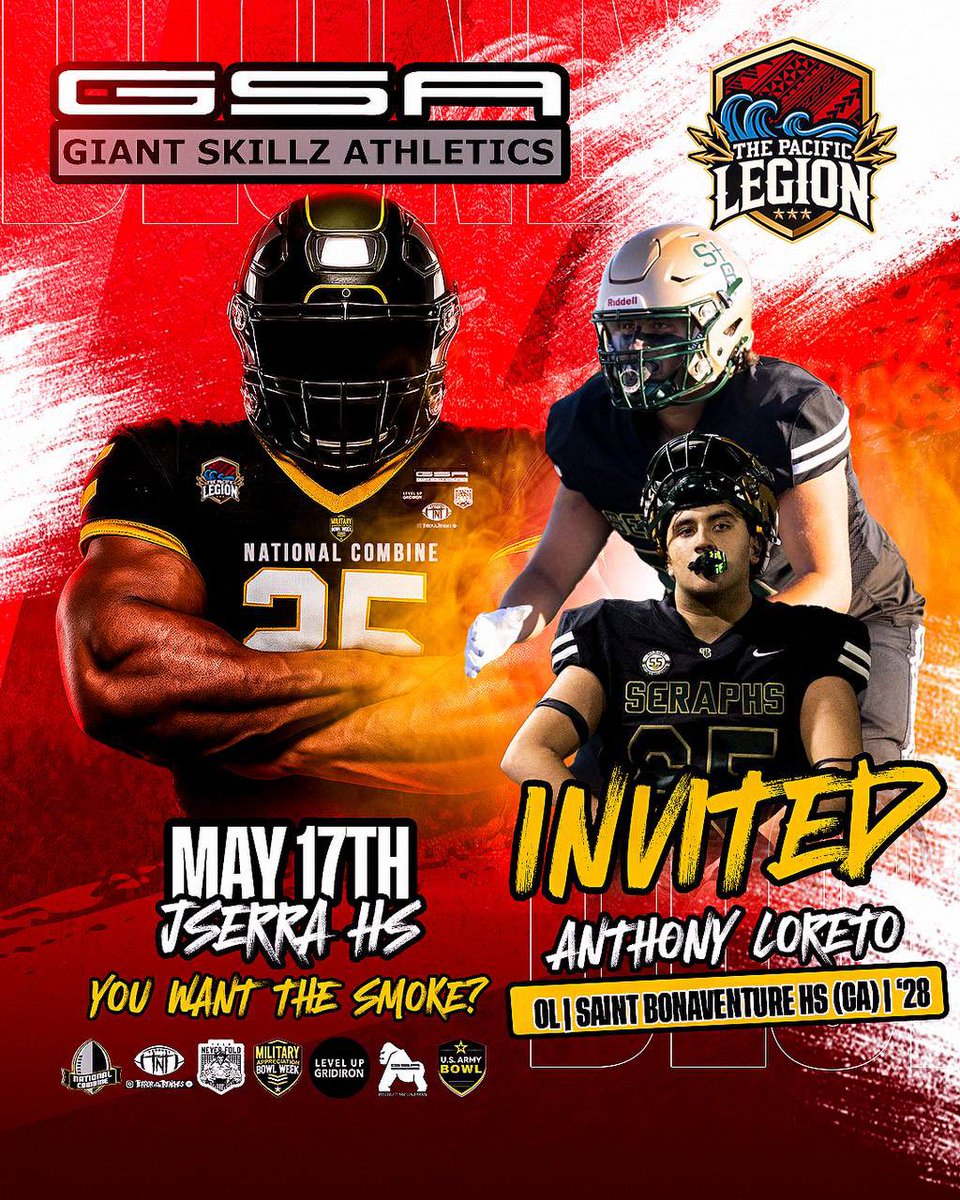 Anthony Loreto (@anthonyloreto_) on Twitter photo Proud to pronounce that I have been invited to the GSA combine on May 17th @usarmybowl <a href="/giant_skillz/">Giant Skillz Athletics</a> <a href="/joeray36/">Joe Ray</a> <a href="/CoachTonyTNT/">CoachTonyTNT</a>
<a href="/VictorUnga/">Vic Unga-Team Never Fold</a> Proud to pronounce that I have been invited to the GSA combine on May 17th @usarmybowl <a href="/giant_skillz/">Giant Skillz Athletics</a> <a href="/joeray36/">Joe Ray</a> <a href="/CoachTonyTNT/">CoachTonyTNT</a>
<a href="/VictorUnga/">Vic Unga-Team Never Fold</a>