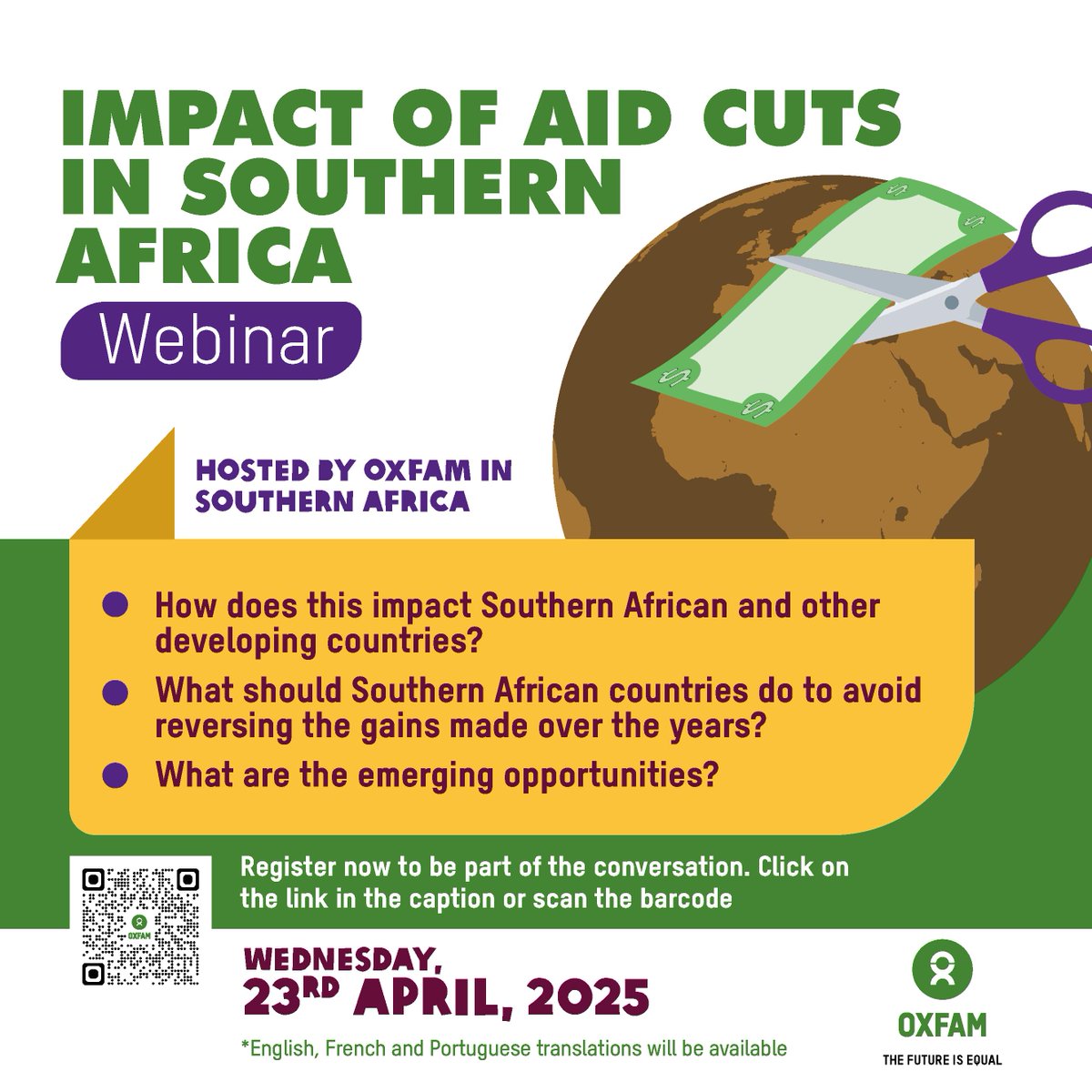 DJ (@dailesjudge) on Twitter photo Oxfam in Southern Africa is inviting you to a webinar on The Impact of the Aid Cuts in Southern Africa on Wednesday 23rd April 2025 from 11hrs to 13hrs CAT
To be part of this webinar, please click on the link below to register. <a href="/OxfaminSAF/">Oxfam in Southern Africa</a> <a href="/MMarongwe/">Machinda Marongwe</a>
us06web.zoom.us/meeting/regist… Oxfam in Southern Africa is inviting you to a webinar on The Impact of the Aid Cuts in Southern Africa on Wednesday 23rd April 2025 from 11hrs to 13hrs CAT
To be part of this webinar, please click on the link below to register. <a href="/OxfaminSAF/">Oxfam in Southern Africa</a> <a href="/MMarongwe/">Machinda Marongwe</a>
us06web.zoom.us/meeting/regist…