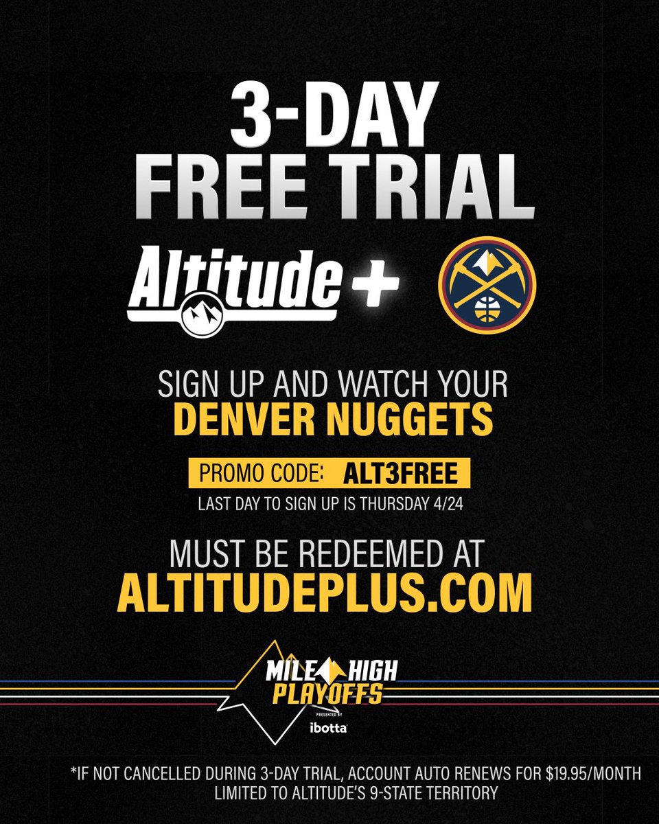nuggets's tweet photo. Watch Round One on Altitude+ by activating our free three-day trial!

➡️ https://t.co/wY23NcM6jg
CODE: ALT3FREE https://t.co/4Dir9XQL16
