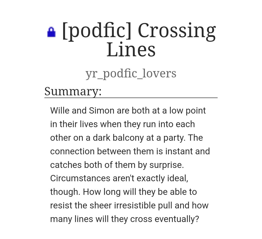 We are back! 🥳 And here is our little Easter 🎁 for you.

Thank you, itsme_hi_imtheproblem for allowing us to record your fic.

Crossing Lines 

Podfic: archiveofourown.org/works/64837933
Length: 04:28:16
streaming + download

Original work: archiveofourown.org/works/59458306…